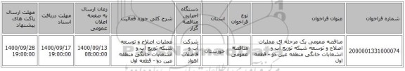 مناقصه عمومی یک مرحله ای  عملیات اصلاح و توسعه شبکه توزیع آب و انشعابات خانگی منطقه عین دو - قطعه اول