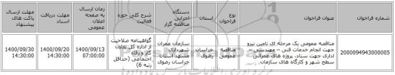 مناقصه عمومی یک مرحله ای تامین نیرو جهت انجام خدمات فنی – مهندسی – اداری  جهت ستاد، پروژه های عمرانی سطح شهر و کارگاه های سازمان