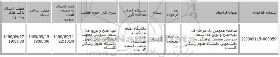 مناقصه عمومی یک مرحله ای تهیه،طبخ و توزیع غذا سلف سرویس معاونت فرهنگی و دانشجویی دانشگاه علوم پزشکی گلستان