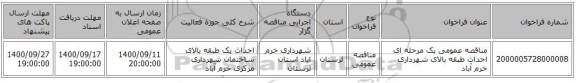 مناقصه عمومی یک مرحله ای احداث طبقه بالای شهرداری خرم آباد