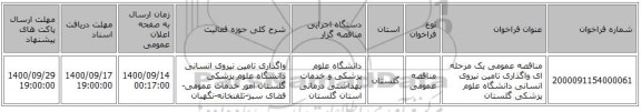 مناقصه عمومی یک مرحله ای واگذاری تامین نیروی انسانی دانشگاه علوم پزشکی گلستان