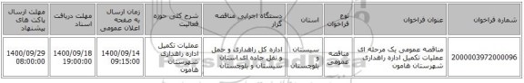 مناقصه عمومی یک مرحله ای عملیات تکمیل اداره راهداری شهرستان هامون