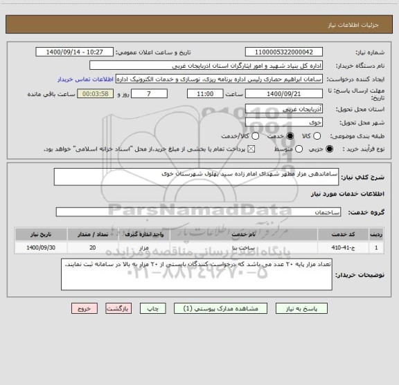 استعلام ساماندهی مزار مطهر شهدای امام زاده سید بهلول شهرستان خوی