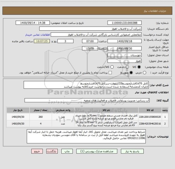 استعلام کابل 1x70فشارمتوسط33کیلوولت-سرکابل1x70فشارمتوسط
ازایران کدمشابه استفاده شده است.درخواست خریدکالابه پیوست میباشد