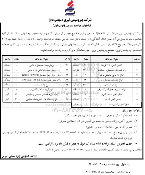 فراخوان مزایده عمومی, فراخوان مزایده کانتینتر 6 متری و ...