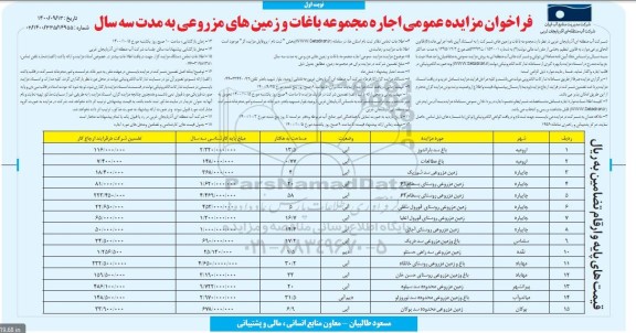 مزایده اجاره مجموعه باغات و زمین های مزروعی به مدت سه سال 