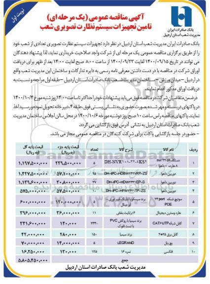 مناقصه خرید و اجرای سیستم نظارت تصویری شعب 