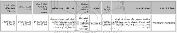 مناقصه عمومی یک مرحله ای انجام امور خدمات شهری نواحی چهارگانه و واحد زیبا سازی و عمران شهرداری کوت عبدا...