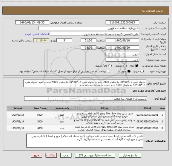 استعلام جدول بتنی 12*50*30 به مقدار 3000 عدد و جدول بتنی 15*50*35 به مقدار 4000 عدد و خرید جدول بتنی 15*50*50 به مقدار 5000 عدد جهت شهرداری منطقه سه 