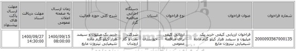 فراخوان ارزیابی کیفی خرید یک میلیون و سیصد هزار کیلو گرم ماده شیمیایی نیتروژن مایع