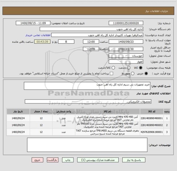 استعلام خرید تجهیزات بی سیم اداره کل راه آهن جنوب