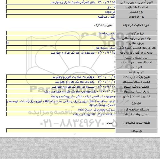 تجدید مناقصه انتقال نیرو و برق رسانی به شبکه های توزیع برق(احداث، توسعه و اصلاح بهینه) چرداول