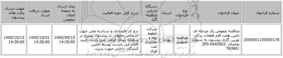 مناقصه عمومی یک مرحله ای تامین هفت قلم قطعات یدکی توربین گازی روستون به شماره تقاضای ZPS-0040502-TR/M01