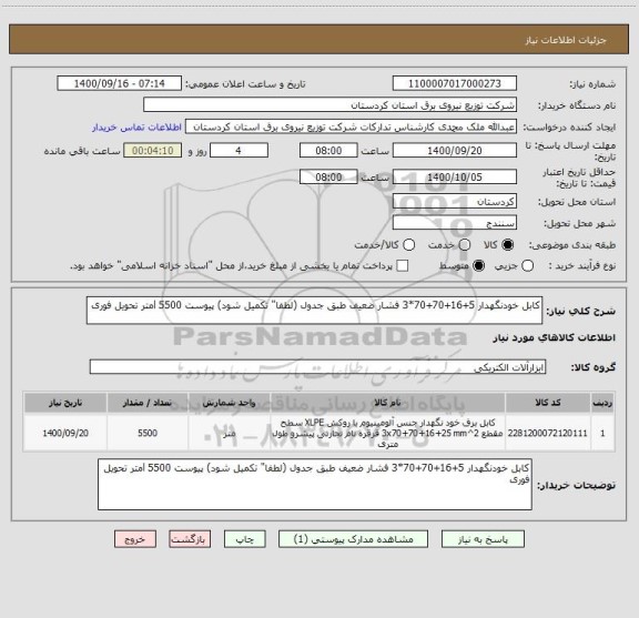 استعلام کابل خودنگهدار 5+16+70+70*3 فشار ضعیف طبق جدول (لطفا" تکمیل شود) پیوست 5500 lمتر تحویل فوری