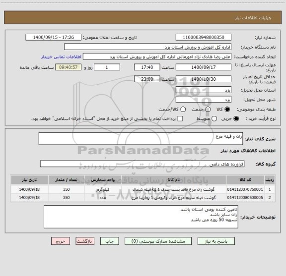 استعلام ران و فیله مرغ