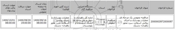 مناقصه عمومی یک مرحله ای عملیات بهسازی و اجرای روکش آسفالت سرد محور زاهدان- دشتک 