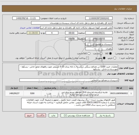 استعلام عملیات خرید 5200 تن مصالح سنگی شکسته با دانه بندی 25-0 میلیمتر جهت راههای محور خاش - پسکوه - مهرستان و خاش - پشتکوه 