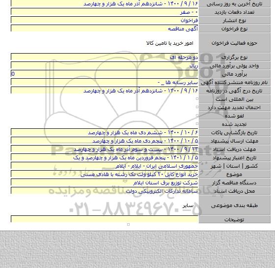 خرید انواع کابل ۲۰ کیلو ولت تک رشته با هادی مسی