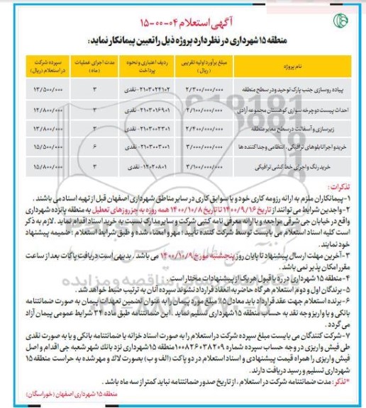 استعلام، استعلام پیاده روسازی جنب پارک توحید و ...