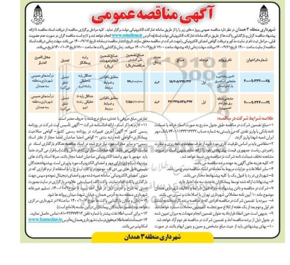 مناقصه تامین روشنایی و جابجایی شبکه برق 