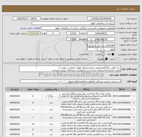 استعلام سه راهی،رینگ،فلنج،زانویی،تبدیل ودرپوش طبق درخواست پیوست
ازایران کدمشابه استفاده شده است.درخواست خریدکالابه پیوست میباشد