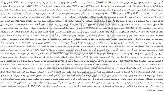 آگهی مزایده ششدانگ یک دستگاه آپارتمان واقع در سمت شرق راه پله طبقه دوم به مساحت 127/55 مترمربع