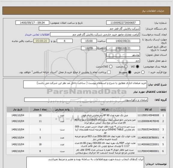 استعلام خرید مبلمان اداری مطابق با شرح و استعلام پیوست ( ساخت داخل مد نظر این شرکت می باشد)