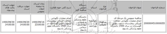 مناقصه عمومی یک مرحله ای انجام عملیات نگهبانی حفاظت فیزیکی  بیمارستان شهید رجایی گچساران در سال 1400 دانشگاه علوم پزشکی یاسوج