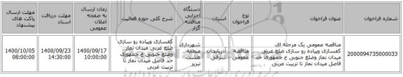 مناقصه عمومی یک مرحله ای کفسازی وپیاده رو سازی ضلع غربی میدان نماز وضلع جنوبی خ جمهوری حد فاصل میدان نماز تا تربیت غربی