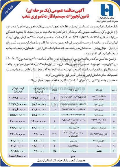 مناقصه خرید و اجرای سیستم نظارت تصویری شعب - نوبت دوم