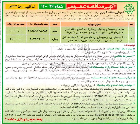 مناقصه عملیات پیاده روسازی و جدولبندی معابر ناحیه 4 سطح منطقه ...