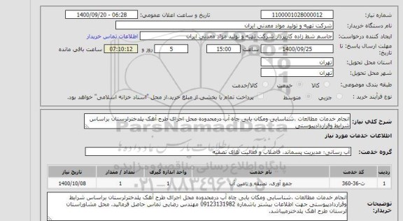 استعلام انجام خدمات مطالعات ،شناسایی ومکان یابی چاه آب درمحدوده محل اجرای طرح آهک پلدخترلرستان براساس شرایط وقراردادپیوستی 