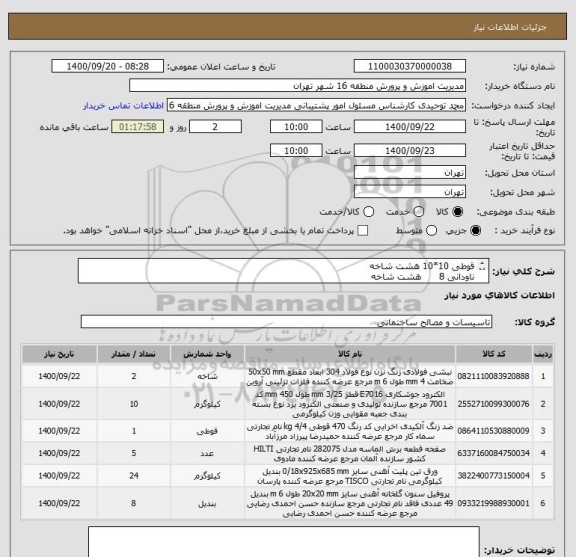 استعلام قوطی 10*10 هشت شاخه 
ناودانی 8      هشت شاخه
پلیت 20*20 چهار عدد و پلیت 10*20 بیست عدد
نبشی 5 دو شاخه
صفحه برش استیل بر 5 عدد
ضد زنگ طوسی 4 کیلو