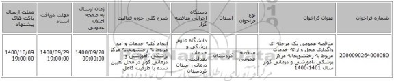 مناقصه عمومی یک مرحله ای واگذاری محل و ارائه خدمات مربوط به رختشویخانه مرکز پزشکی ،آموزشی و درمانی کوثر سال 1401-1400