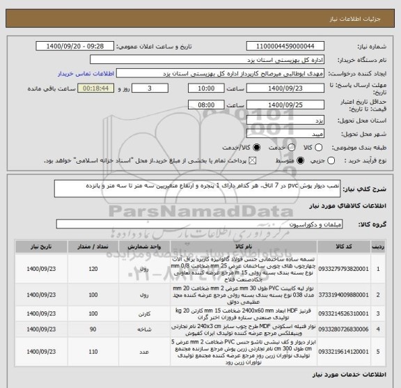 استعلام نصب دیوار پوش pvc در 7 اتاق، هر کدام دارای 1 پنجره و ارتفاع متغیربین سه متر تا سه متر و پانزده