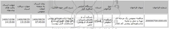 مناقصه عمومی یک مرحله ای تهیه و حمل و تخلیه ترانسفورماتور روغنی کم تلفات