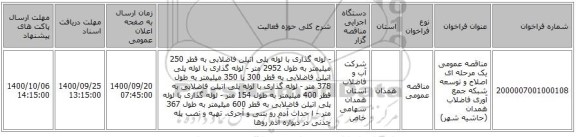 مناقصه عمومی یک مرحله ای اصلاح و توسعه شبکه جمع آوری فاضلاب همدان (حاشیه شهر)