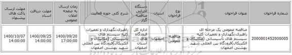 مناقصه عمومی یک مرحله ای راهبری،نگهداری و تعمیرات کلیه سیستم های تأسیساتی (مکانیکال و الکتریکال)فرودگاه بین المللی شهید بهشتی اصفهان