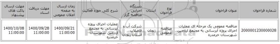 مناقصه عمومی یک مرحله ای عملیات اجرای پروژه آبرسانی به مجتمع اردجین شهرستان خرمدره