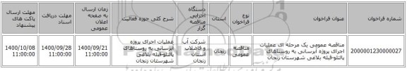 مناقصه عمومی یک مرحله ای عملیات اجرای پروژه آبرسانی به روستاهای پالتلو-قبله بلاغی شهرستان زنجان