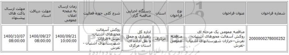 مناقصه عمومی یک مرحله ای روکش آسفالت محورهای آشتیان-تفرش--خرازان شهرستانهای آشتیان -تفرش