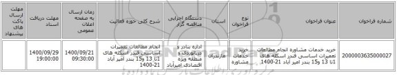 خرید خدمات مشاوره انجام مطالعات تعمیرات اساسی فندر اسکله های 1تا 13 و15 بندر امیر آباد 21-1400