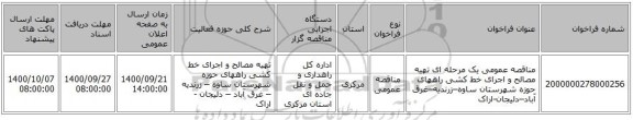 مناقصه عمومی یک مرحله ای تهیه مصالح و اجرای خط کشی راههای حوزه شهرستان ساوه–زرندیه–غرق آباد–دلیجان-اراک