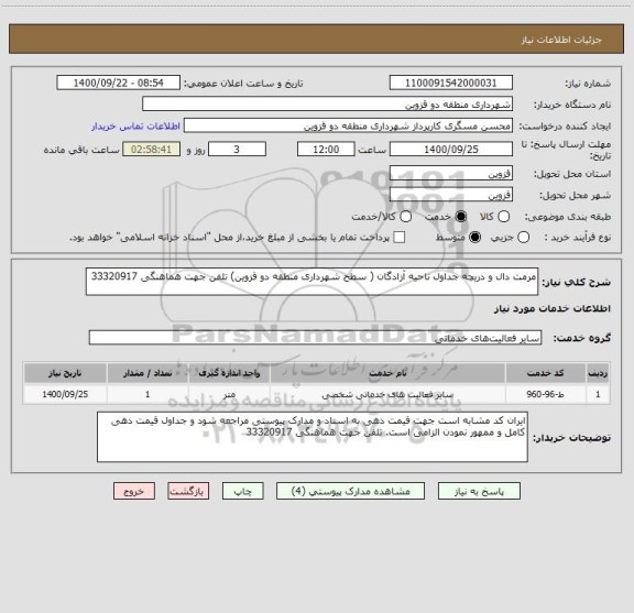 استعلام مرمت دال و دریچه جداول ناحیه آزادگان ( سطح شهرداری منطقه دو قزوین) تلفن جهت هماهنگی 33320917