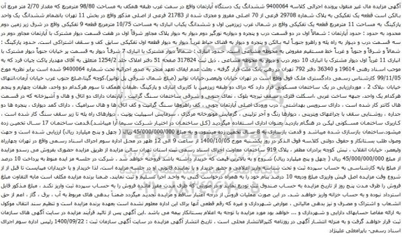 آگهی مزایده ششدانگ یک دستگاه آپارتمان واقع در سمت غرب طبقه همکف به مساحت 98/80 مترمربع