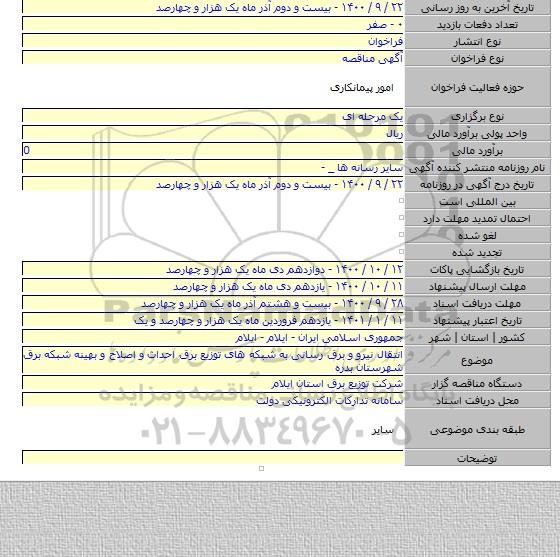 انتقال نیرو و برق رسانی به شبکه های توزیع برق احداث و اصلاح و بهینه شبکه برق شهرستان بدره