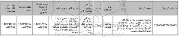 مناقصه عمومی یک مرحله ای جمع‌آوری، تعمیر، مرمت حفاظ‌های آسیب‌دیده (گردریل) و تهیه و نصب گاردریل و متعلقات مربوطه در سطح راه‌های استان زنجان 