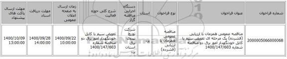 مناقصه عمومی همزمان با ارزیابی (فشرده) یک مرحله ای تعویض سیم با کابل خودنگهدار امور برق دو مناقصه شماره 1400/147/603