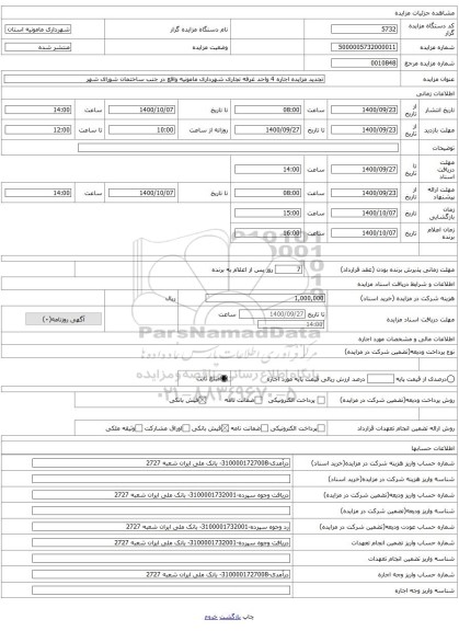 تجدید مزایده اجاره 4 واحد غرفه تجاری شهرداری مامونیه واقع در جنب ساختمان شورای شهر