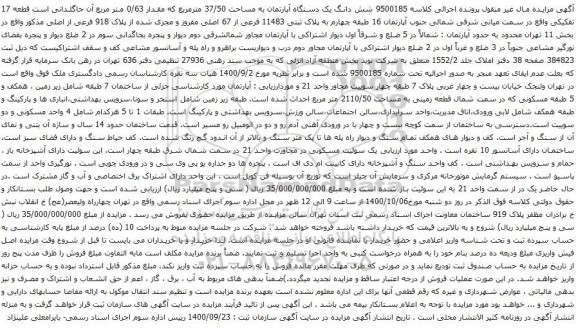 آگهی مزایده شش دانگ یک دستگاه آپارتمان به مساحت 37/50 مترمربع که مقدار 0/63 متر مربع